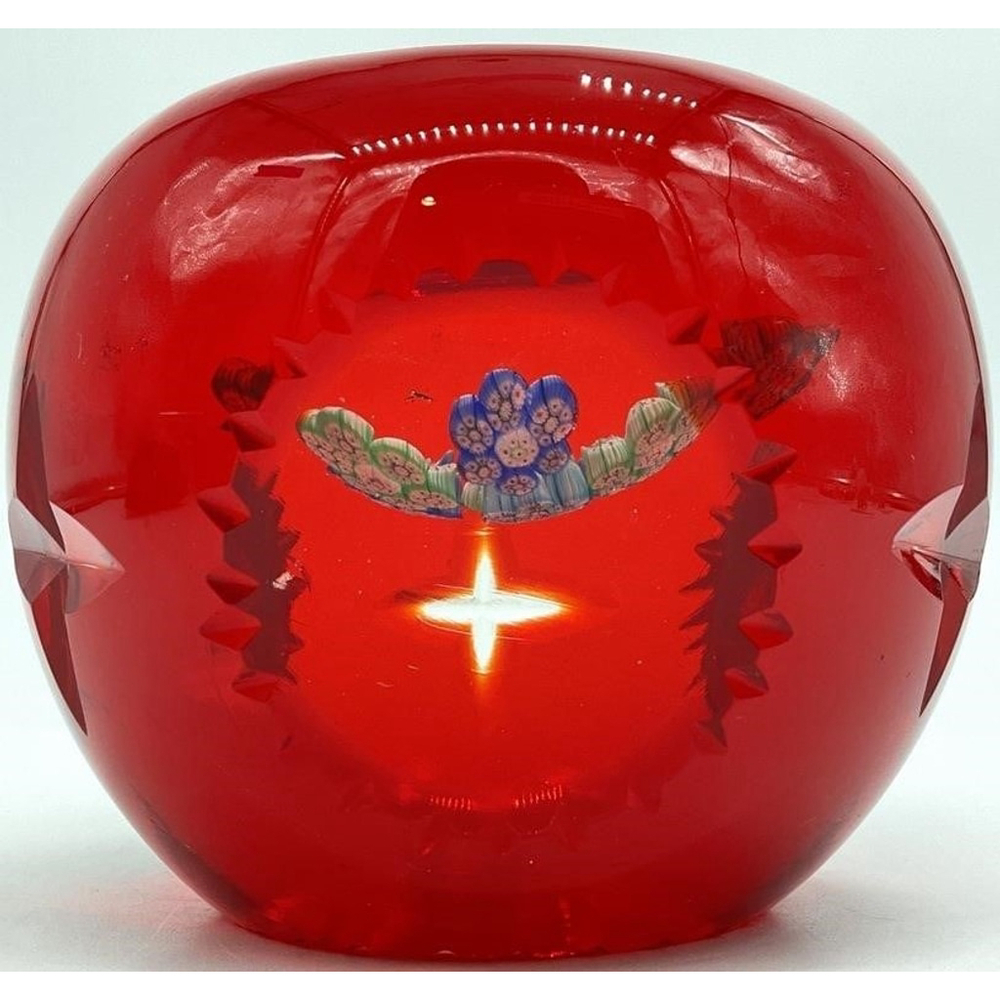 Vintage Murano Ruby Overlay Millefiori Cut Glass Paperweight Star & Window Cuts